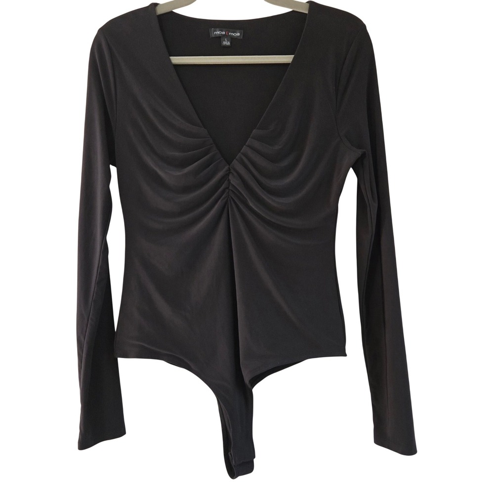 Moa Moa Women's Whimsygoth‎ Black Ruched V-Neck Long Sleeve Bodysuit Large